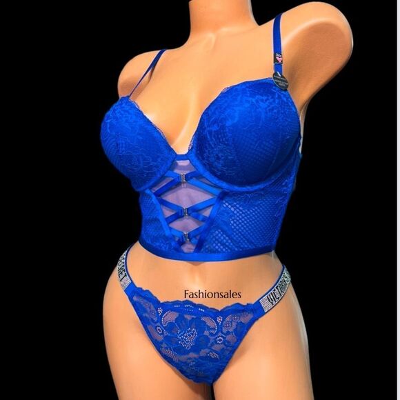 Victorias Secret Set Bombshell Add-2-Cups Push Up Corset bra & Shine Strap Panty - Picture 3 of 4